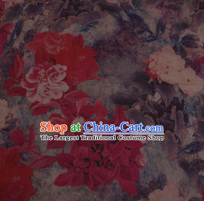 Chinese Classical Silk Fabric Traditional Red Flowers Pattern Satin Plain Cheongsam Drapery Gambiered Guangdong Gauze