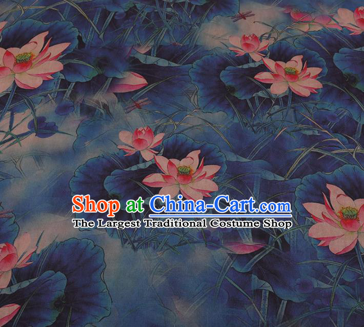Chinese Classical Navy Satin Plain Traditional Lotus Pattern Cheongsam Drapery Silk Fabric Gambiered Guangdong Gauze