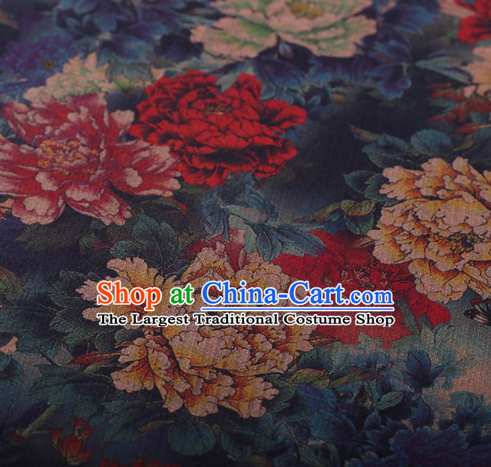 Chinese Traditional Silk Fabric Classical Peony Pattern Blue Satin Plain Cheongsam Drapery Gambiered Guangdong Gauze