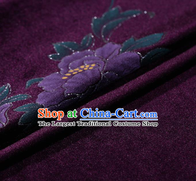 Asian Chinese Purple Velvet Fabric Traditional Classical Peony Pattern Cheongsam Pleuche Drapery Gambiered Guangdong Gauze
