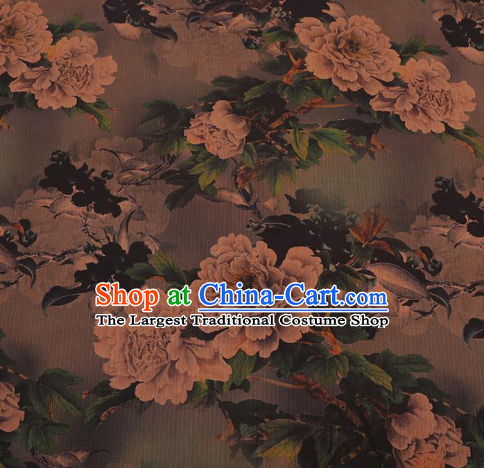Asian Chinese Gambiered Guangdong Gauze Traditional Brown Satin Plain Classical Peony Pattern Cheongsam Silk Drapery