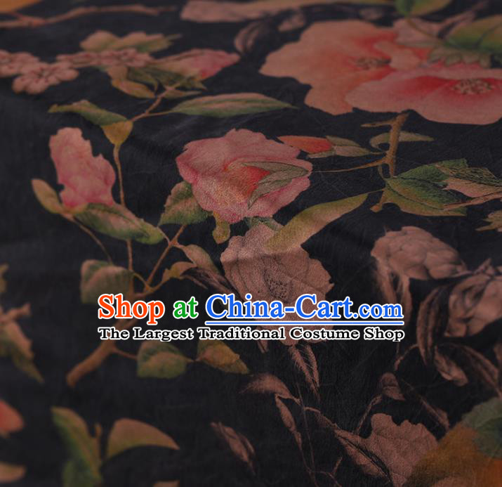 Asian Chinese Gambiered Guangdong Gauze Traditional Black Satin Plain Classical Flowers Pattern Cheongsam Silk Drapery