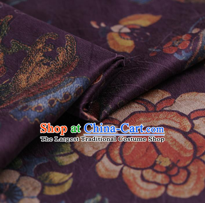 Asian Chinese Traditional Gambiered Guangdong Gauze Purple Satin Plain Classical Peony Pattern Cheongsam Silk Drapery