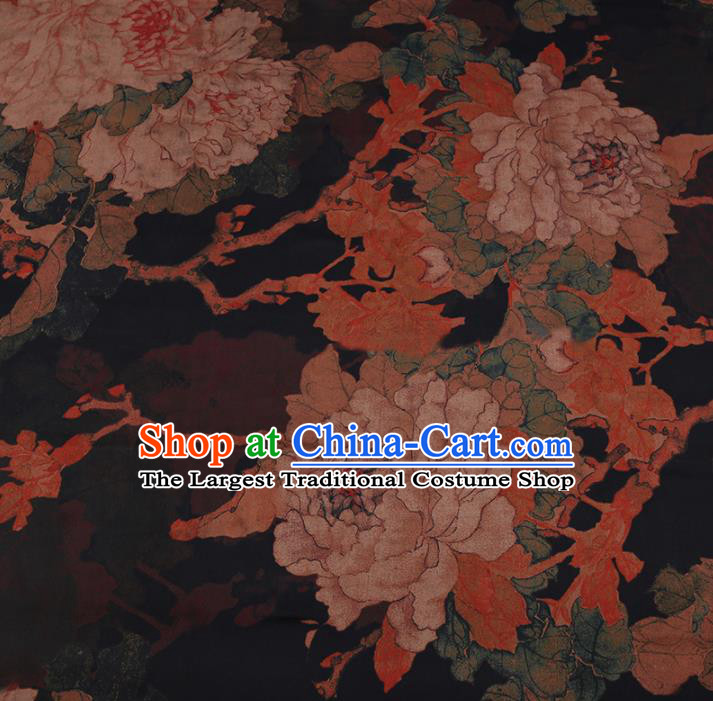 Asian Chinese Traditional Gambiered Guangdong Gauze Black Satin Plain Classical Peony Pattern Cheongsam Silk Drapery