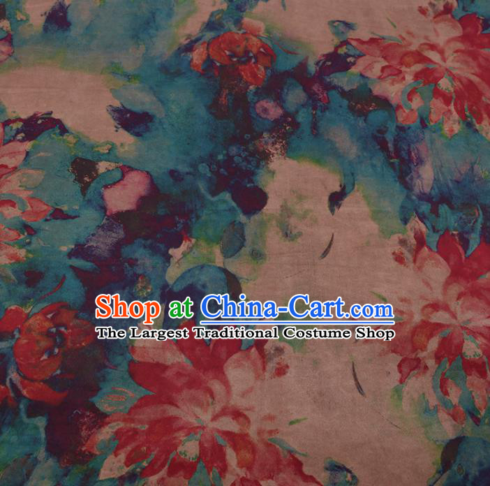Asian Chinese Traditional Gambiered Guangdong Gauze Blue Satin Plain Classical Lotus Pattern Cheongsam Silk Drapery