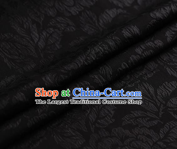 Chinese Traditional Black Gambiered Guangdong Gauze Satin Plain Classical Peony Pattern Cheongsam Silk Drapery