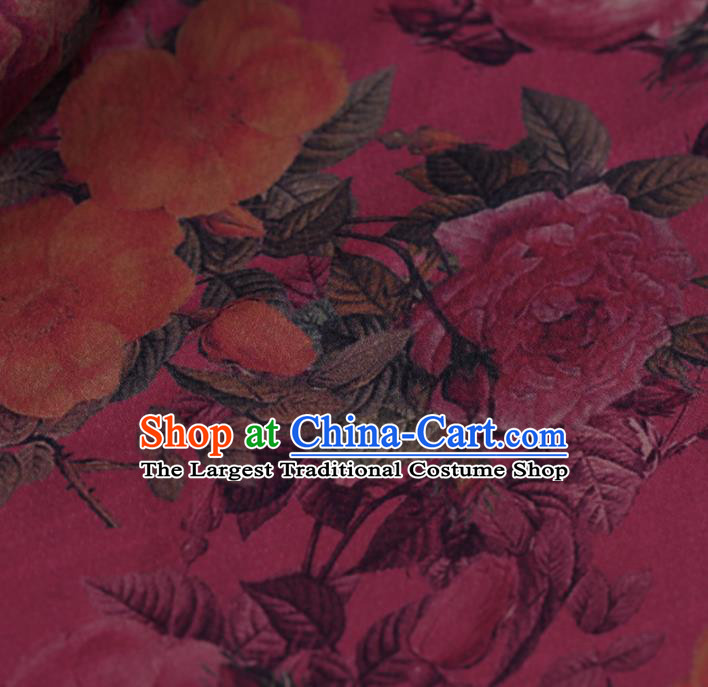 Chinese Traditional Rosy Gambiered Guangdong Gauze Satin Plain Classical Peony Pattern Cheongsam Silk Drapery