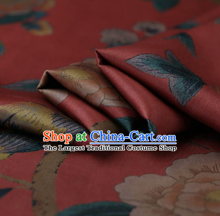 Traditional Chinese Red Gambiered Guangdong Gauze Satin Plain Classical Peony Pattern Cheongsam Silk Drapery