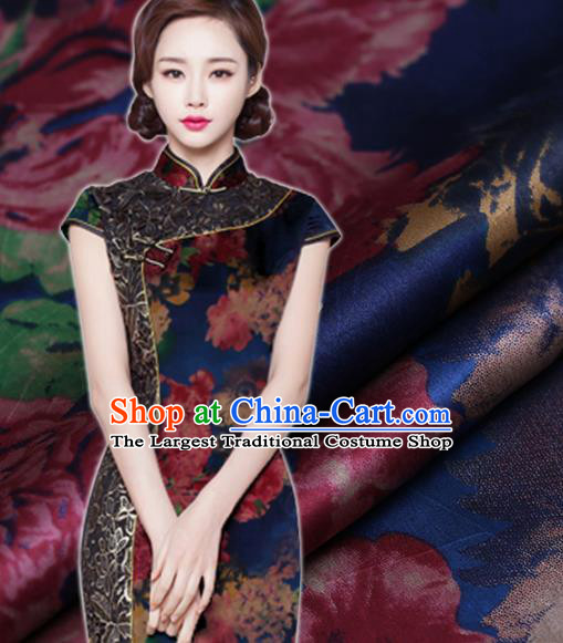 Chinese Traditional Blue Brocade Fabric Palace Peony Pattern Satin Plain Cheongsam Silk Drapery