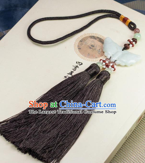 Chinese Traditional Jewelry Accessories Ancient Hanfu Brown Tassel Butterfly Jade Pendant for Women