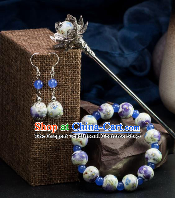Chinese Traditional Hanfu Hair Accessories Ancient Ceramics Beads Hairpins and Bracelet Earrings for Women