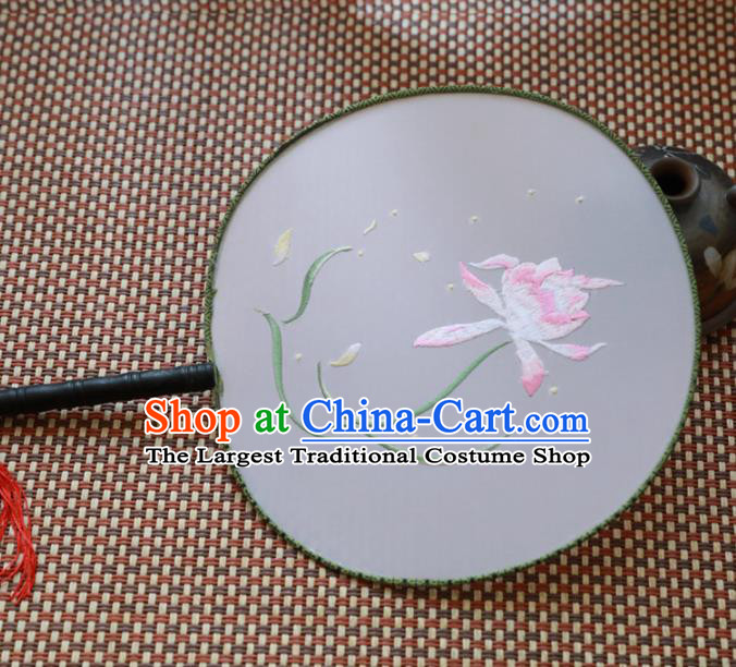 Chinese Traditional Hanfu Palace Fans Ancient Handmade Embroidered Lotus Round Fans for Women