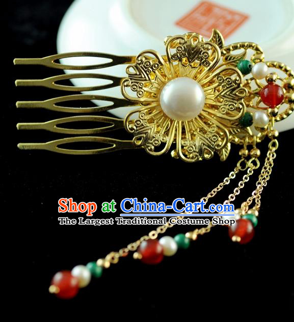 Chinese Traditional Hanfu Pearls Tassel Golden Hair Comb Hair Accessories Ancient Classical Hairpins for Women
