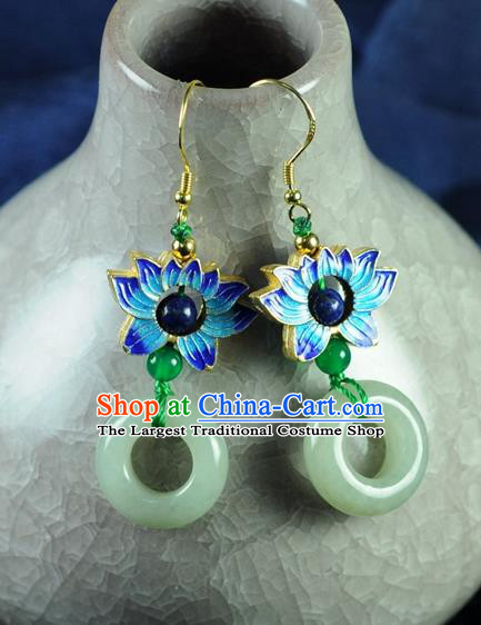 Chinese Traditional Jewelry Accessories Ancient Hanfu Jade Blueing Lotus Earrings for Women