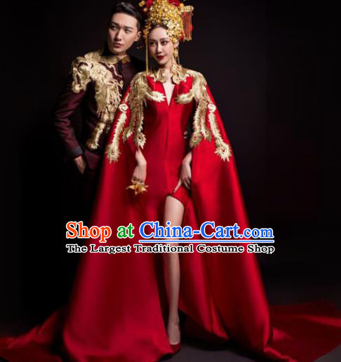 Chinese Classical Catwalks Costumes Traditional Wedding Red Trailing Full Dress for Women