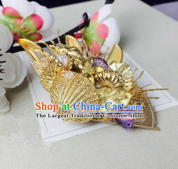 Chinese Classical Hairpins Traditional Ancient Golden Shell Hair Claw for Women