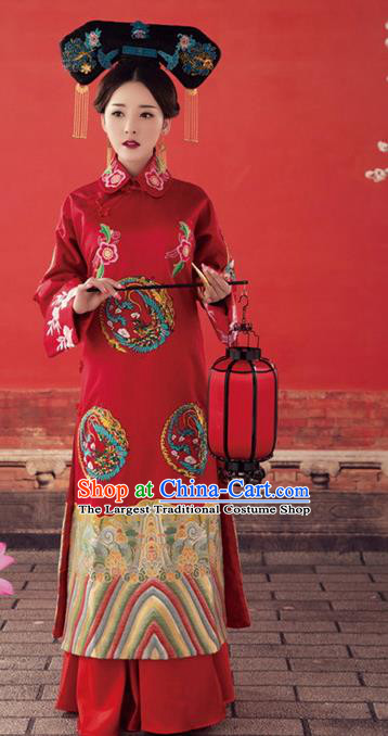 Chinese Traditional Qing Dynasty Historical Dress Ancient Empress Embroidered Costumes and Headpiece Complete Set