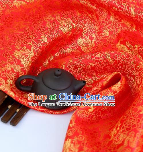 Asian Chinese Traditional Fabric Material Red Brocade Classical Dragons Pattern Design Satin Drapery