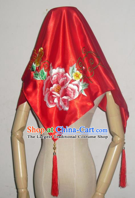 Chinese Traditional Wedding Headdress Ancient Bride Embroidered Peony Red Curtain for Women