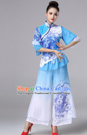 Traditional Chinese Classical Folk Dance Blue Clothing Stage Performance Fan Dance Costumes for Women