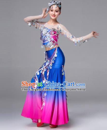 Traditional Chinese Peacock Dance Blue Dress Stage Performance Classical Dance Costumes for Women