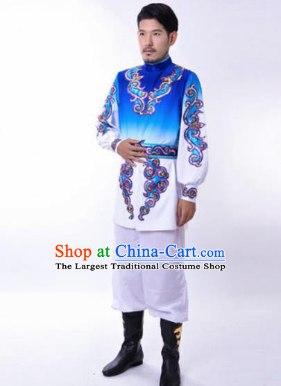 Chinese Traditional Folk Dance Costumes Uyghur Minority Dance Royalblue Clothing for Men