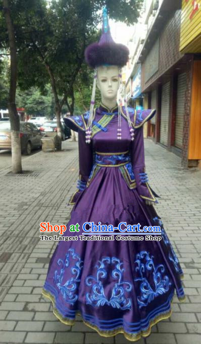 Chinese Traditional Mongol Nationality Purple Ethnic Costumes Mongolian Folk Dance Dress for Women