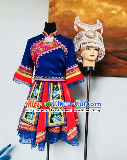 Chinese Traditional Miao Nationality Ethnic Costumes Hmong Folk Dance Royalblue Dress for Women