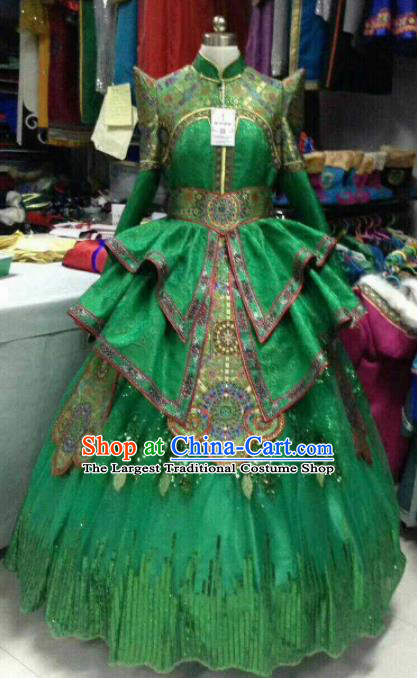Chinese Traditional Mongol Nationality Costumes Mongolian Folk Dance Ethnic Green Dress for Women