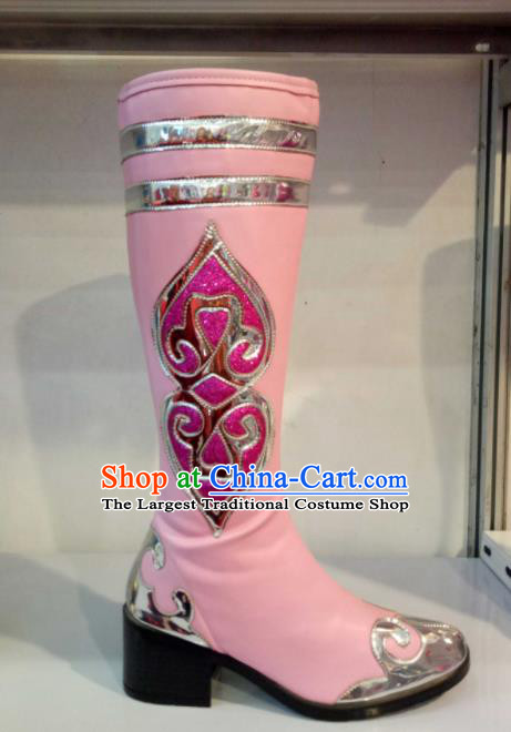Chinese Traditional Mongol Nationality Shoes Mongolian Folk Dance Ethnic Light Pink Boots for Women