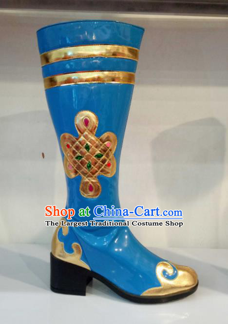 Chinese Traditional Mongolian Shoes Mongol Nationality Folk Dance Blue Boots for Women