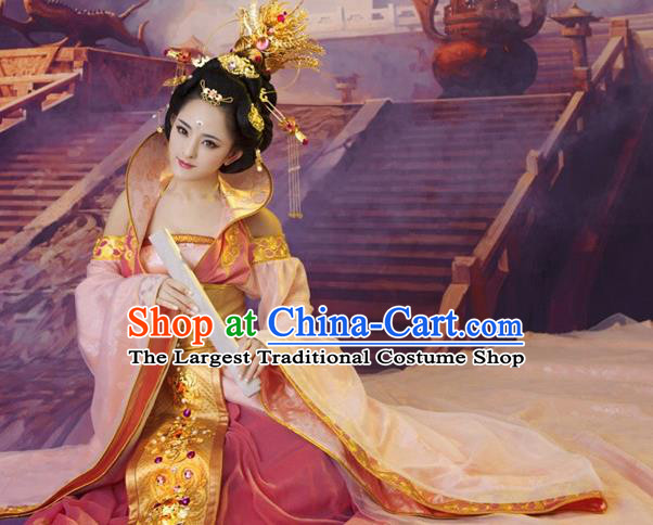 Chinese Ancient Tang Dynasty Imperial Consort Embroidered Costumes and Headpiece Complete Set for Women