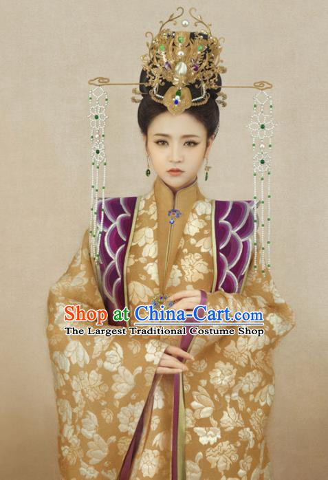 Chinese Ancient Ming Dynasty Palace Hanfu Dress Traditional Drama Empress Embroidered Costumes and Headpiece Complete Set