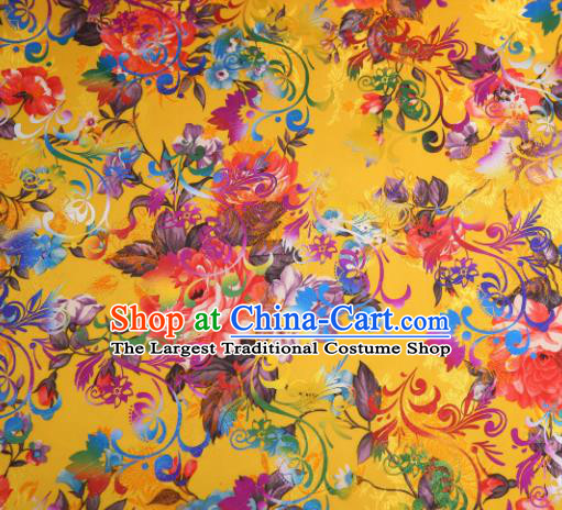 Chinese Traditional Yellow Brocade Classical Peony Flowers Pattern Design Silk Fabric Material Satin Drapery