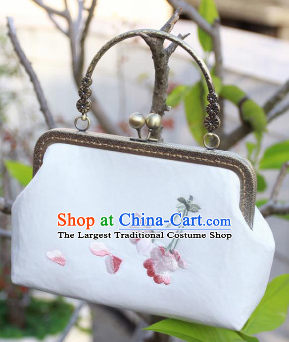 Chinese Traditional Handmade Embroidered Peach Blossom White Bags Retro Handbag for Women