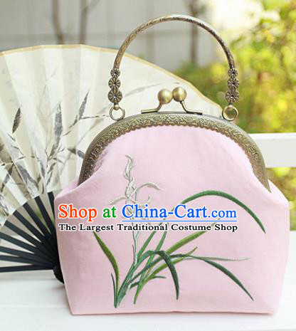 Chinese Traditional Handmade Embroidered Orchid Pink Bag Retro Handbag for Women