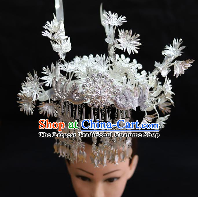 Chinese Traditional Miao Nationality Hair Accessories Carving Sliver Phoenix Coronet Hairpins for Women