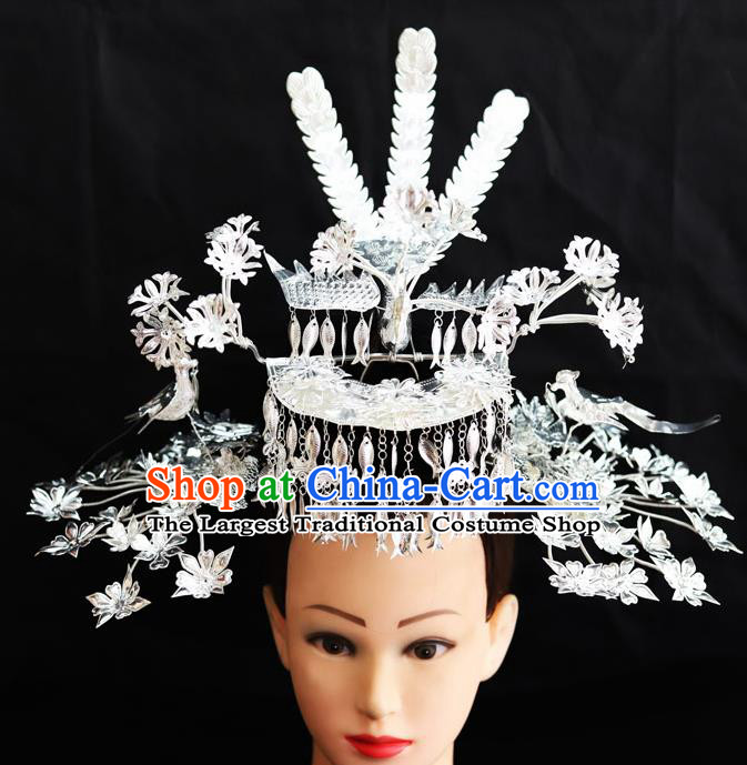 Chinese Traditional Miao Nationality Wedding Phoenix Coronet Hair Accessories Sliver Hairpins for Women