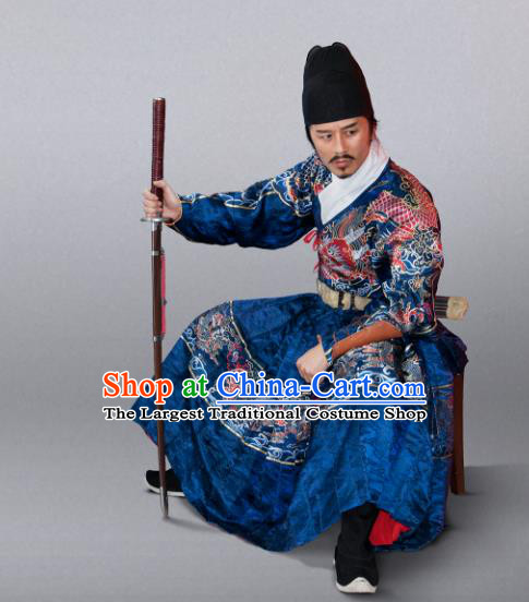 Chinese Traditional Ming Dynasty Swordsman Clothing Ancient Blades Embroidered Blue Costumes for Men