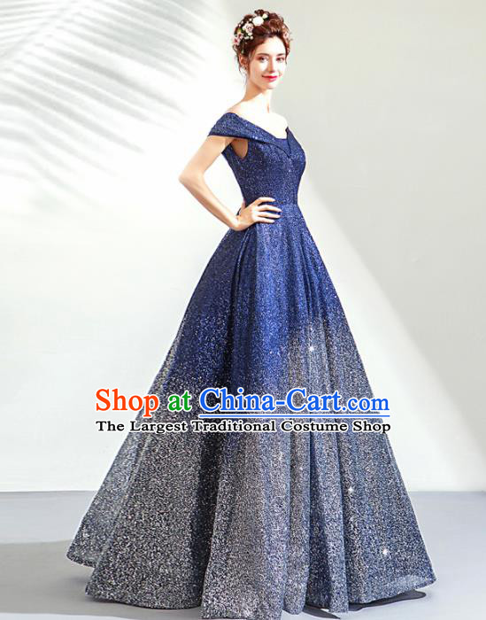 Top Grade Handmade Catwalks Costumes Compere Deep Blue Diamante Full Dress for Women