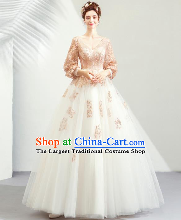 Top Grade Handmade Fancy Golden Lace Wedding Dress Princess Wedding Gown for Women