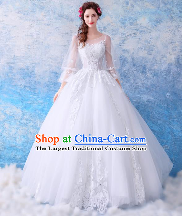 Top Grade Princess Fancy White Lace Wedding Dress Handmade Wedding Gown for Women