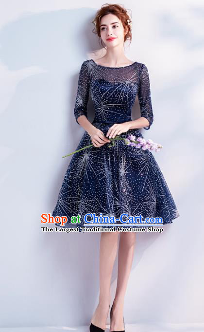 Top Grade Handmade Compere Costume Catwalks Blue Short Formal Dress for Women
