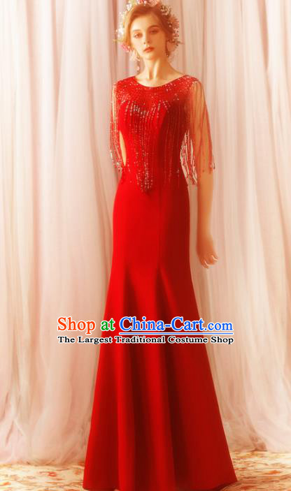 Top Grade Compere Red Tassel Formal Dress Handmade Catwalks Bride Costume for Women