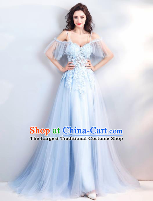 Top Grade Compere Formal Dress Handmade Catwalks Bride Blue Veil Full Dress for Women