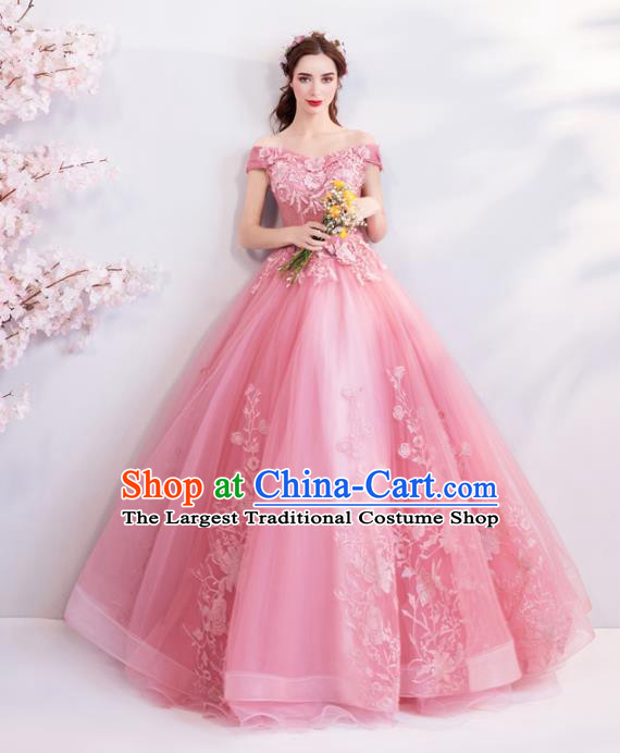 Handmade Top Grade Princess Pink Wedding Dress Fancy Wedding Gown for Women