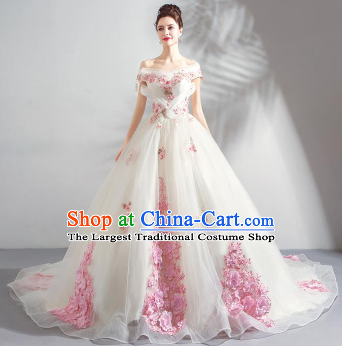 Handmade Top Grade Princess Pink Flowers Wedding Dress Fancy Wedding Gown for Women
