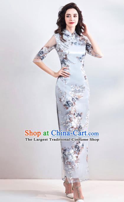 Chinese Traditional Cheongsam Costume Compere Grey Full Dress for Women