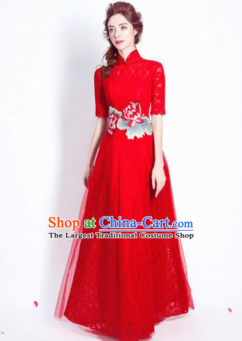 Chinese Traditional Embroidered Peony Red Lace Cheongsam Wedding Bride Compere Tang Suit Full Dress for Women