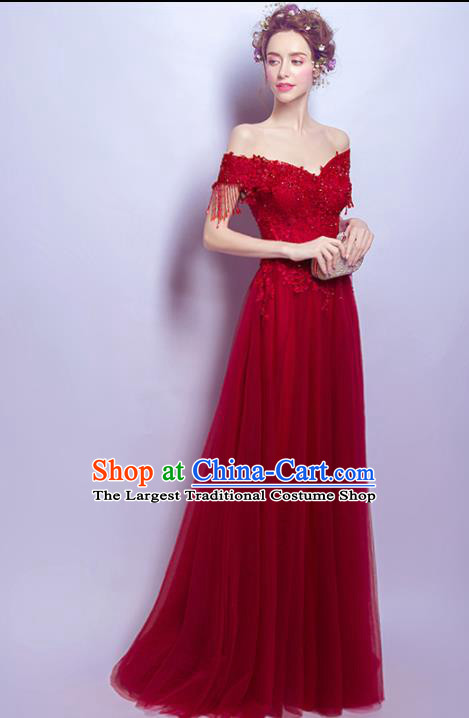 Top Grade Red Lace Tassel Formal Dress Compere Costume Catwalks Evening Dress for Women